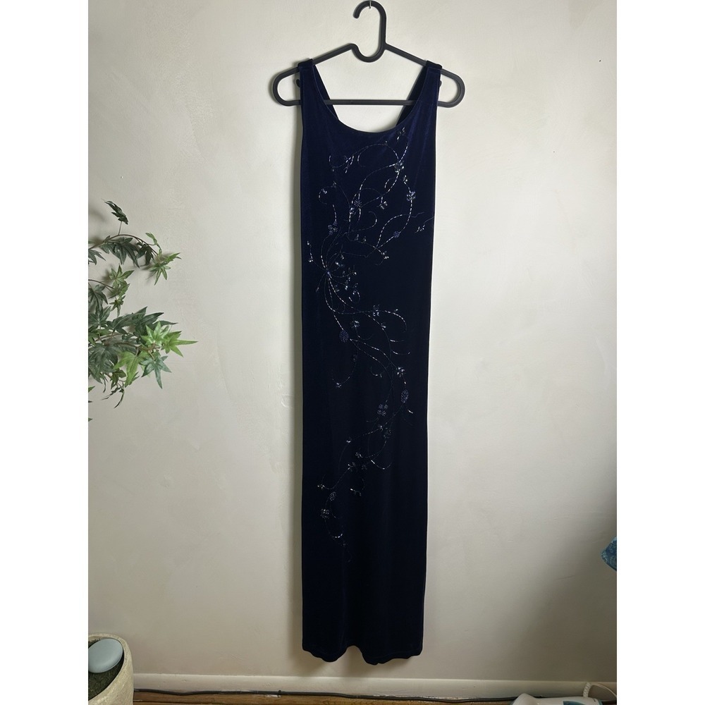NWT Ronni Nicole Vtg Beaded Velvet Navy Blue Maxi Dress Sz 12 - Picture 1 of 8